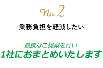 no.2 業務負担を軽減したい　最良なご提案を行い1社におまとめいたします